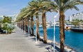 EILAT, ISRAEL Ã¢â¬â November 7, 2017: entrance to marina, with promenades, modern hotel complexes, palms